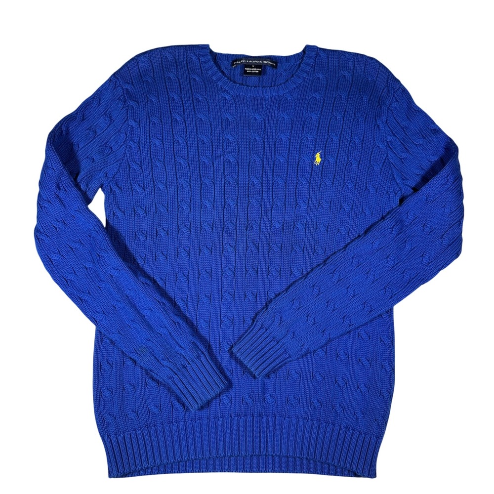 Ralph Lauren Sport Blue Cable Knit Cotton Sweater Yellow Pony Medium